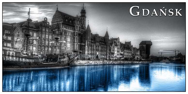 Gdansk poczt�wki artystyczne, miks kolor�w czarno-bia�y i niebieski