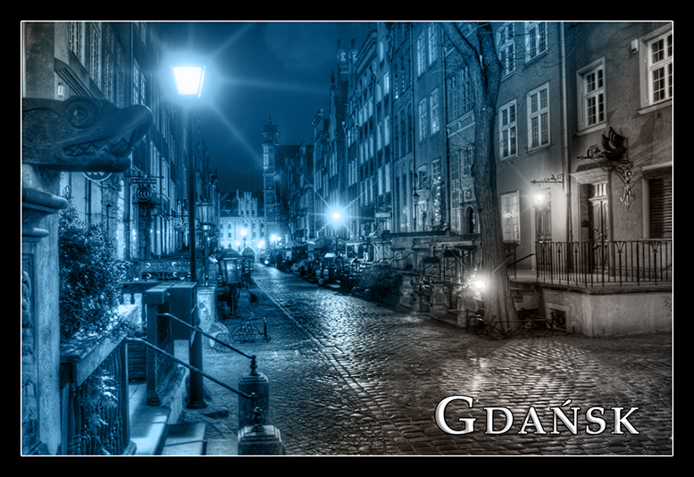 Gdansk poczt�wki artystyczne, miks kolor�w czarno-bia�y i niebieski