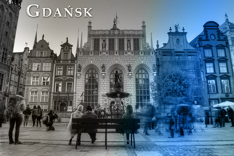 Gdansk poczt�wki artystyczne, miks kolor�w czarno-bia�y i niebieski