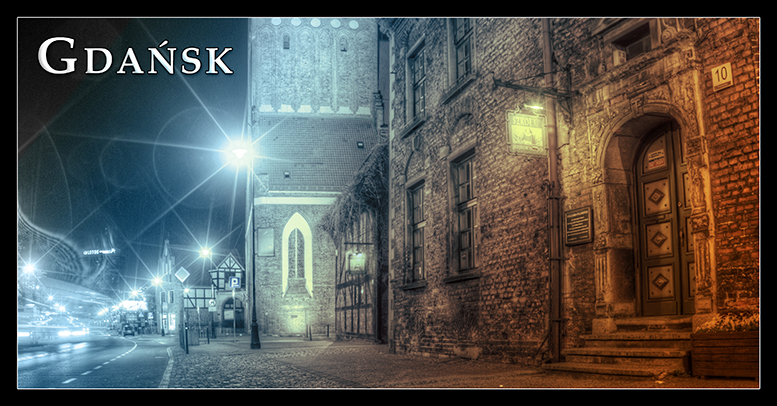 Gdansk poczt�wki artystyczne, miks kolor�w czarno-bia�y i niebieski