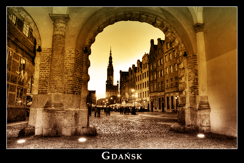 Gdansk poczt�wki artystyczne, miks kolor�w czarno-bia�y i niebieski