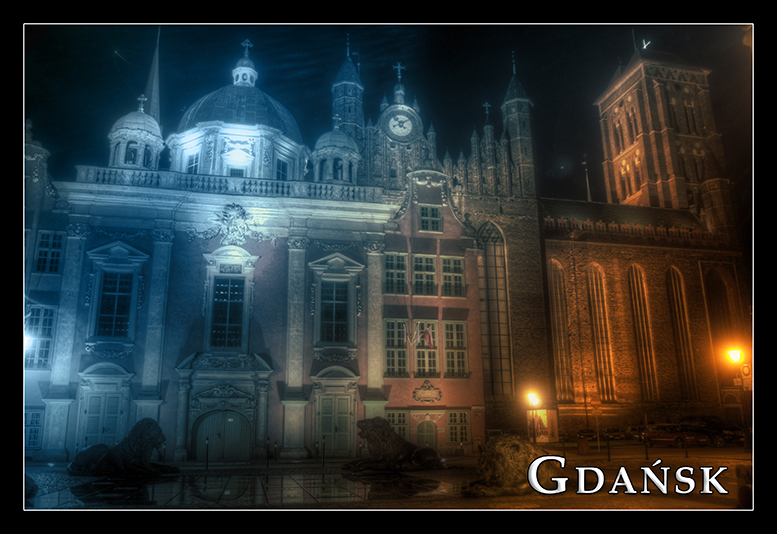 Gdansk poczt�wki artystyczne, miks kolor�w czarno-bia�y i niebieski